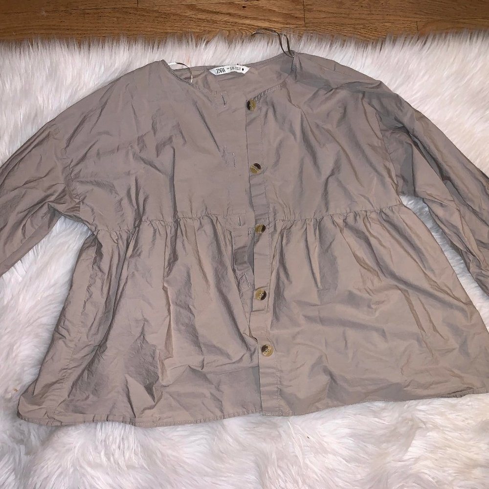 Zara Tan Baggy Peplum Balloon Sleeve Blouse Top Small